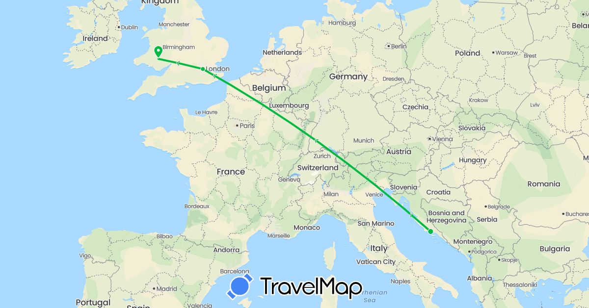 TravelMap itinerary: driving, bus in United Kingdom, Croatia (Europe)